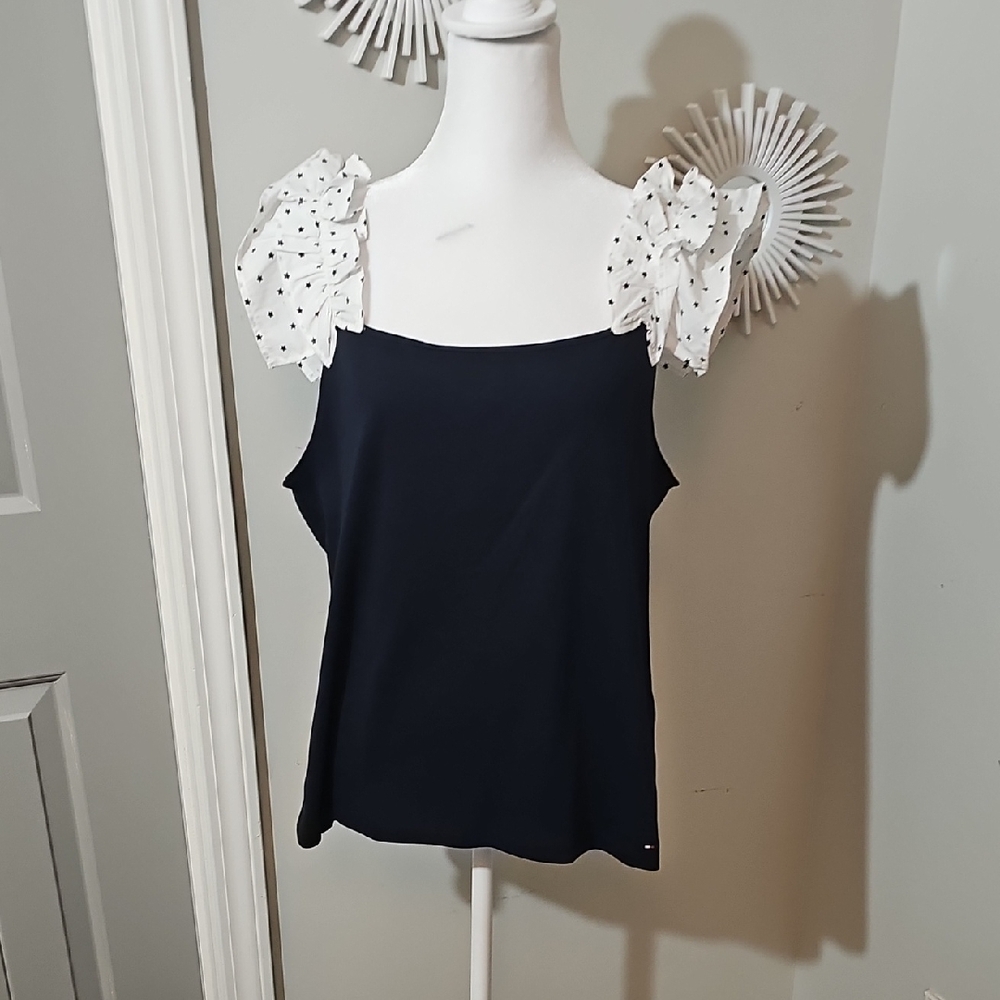 Tommy Hilfiger Navy Top with White Polka Dot Sleeves